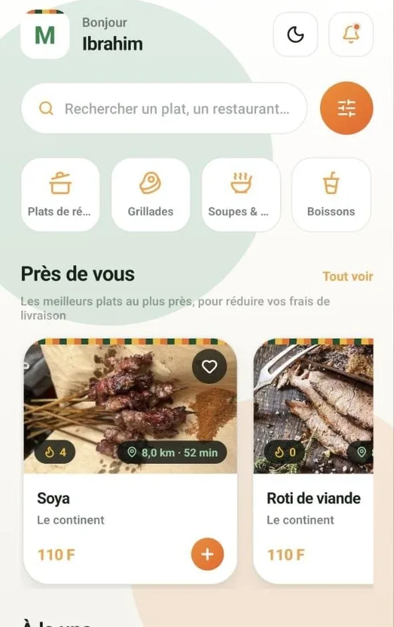 Écran de l'application Menu